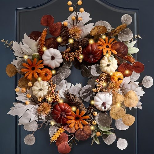 Valery Madelyn Fall Wreath with Lights for Front Door 18" | Door Wreath with White Pumpkins Silk Maple Leaves, Outdoor Fall Autumn Decorations for Home Porch Thanksgiving Harvest Decor