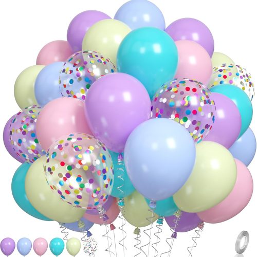 1 Pastel Balloons, Multicolor Macaron Balloons Colorful Latex Party Balloon, Baby Pink Blue Purple Yellow and Teal Rainbow Confetti Balloon for Kids Pastel Birthday Easter Party Baby Shower Wedding