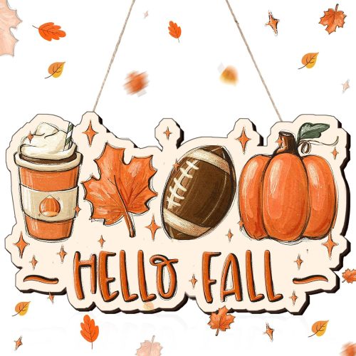 1 Threehoney Hello Fall Door Sign 13.8” x 7.9”, Thanksgiving Hand-painted Wooden Fall Hanging Decor with Pumpkin, Maple Leaf, Milkshake & Football for Front Porch, Halloween, Indoor Outdoor Use