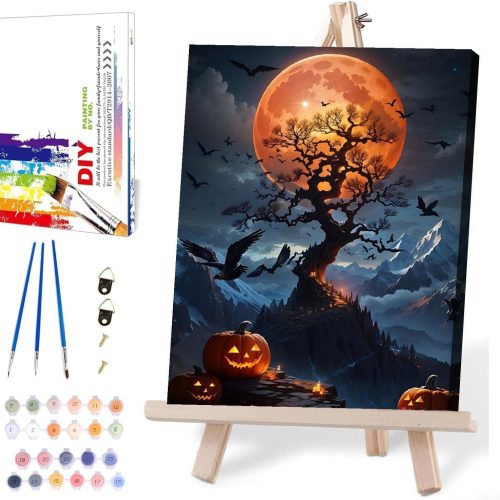 1 Halloween Paint by Numbers for Adults with Framed Canvas-with Wooden Easel,Paint by Numbers Kits Framed Canvas,DIY Acrylic Oil Painting Kits with Brushes Nice Gift Box for Home Wall Decor(12x16 Inch)
