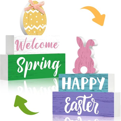 1 4 Pcs Spring Easter Decorations Reversible Welcome Spring Tabletop Decor Happy Easter Bunny Egg Wood Signs Double Side Rustic Farmhouse Tiered Tray Decor for Home Table Shelf Centerpieces
