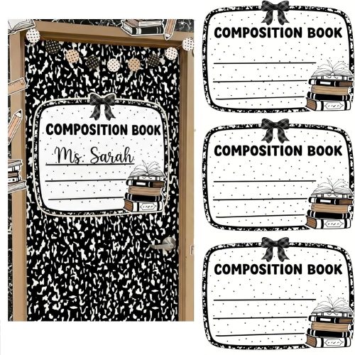 1 Gueevin 4 Pcs Large 23 x 16.5 Inches Black White Composition Book Cutouts Stickers Labels Composition Notebook Bulletin Board Trim for Classroom Door First Day of School Wall Windows Porch Sign