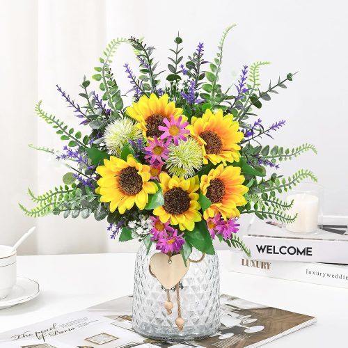 MARTINE MALL Fake Flowers in Vase, Sunflowers Artificial Flowers, Faux Flowers in Vase Centerpiece Table Decorations Silk Sunflower Bouquet Table Centerpieces for Dining Room Coffee Table Decor
