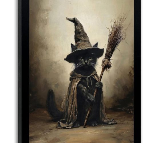 Framed Gothic Witch Black Cat Wall Art, Vintage Halloween Canvas Print Poster, Dark Academia Spooky Decor for Living Room Bedroom, Witchy Home Decoration,