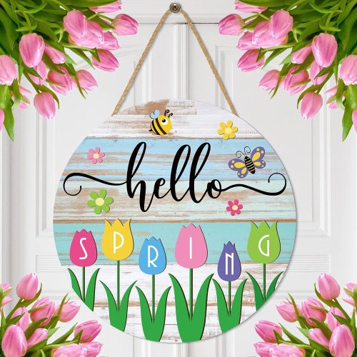 1 Wesiti Hello Spring Wooden Hanging Sign Rustic Tulip Flower Front Door Wreath Farmhouse Floral Wood Welcome Hanger Sign for Indoor Outdoor Home Porch Window Decor