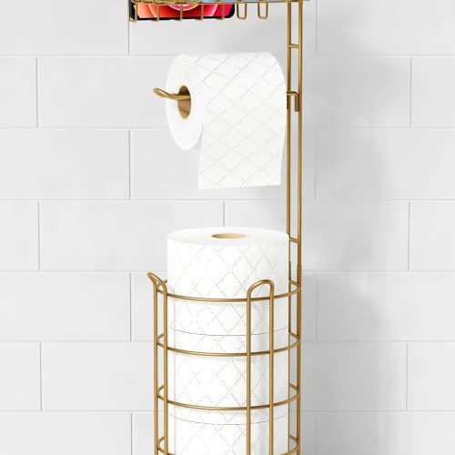 Gold Free Standing Toilet Paper Holder Stand with Phone Shelf, Floor Bathroom Tissue Holder for Large Mega Rolls, Metal Freestanding Toilet Paper Roll Holder with Wipes Storage Tray