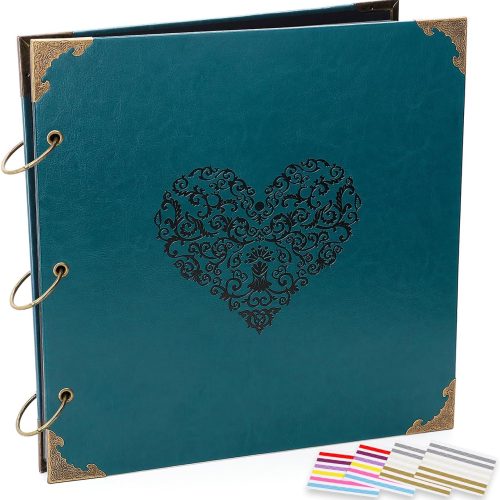 1 Photo Album DIY Scrapbook - 12x12 inch 50 Pages Vintage Leather Cover Three-Ring Binder Love Picture Booth Albums with 408pcs Self Adhesive Photos Corners for Memory Keep, Heart (Jasper Green)