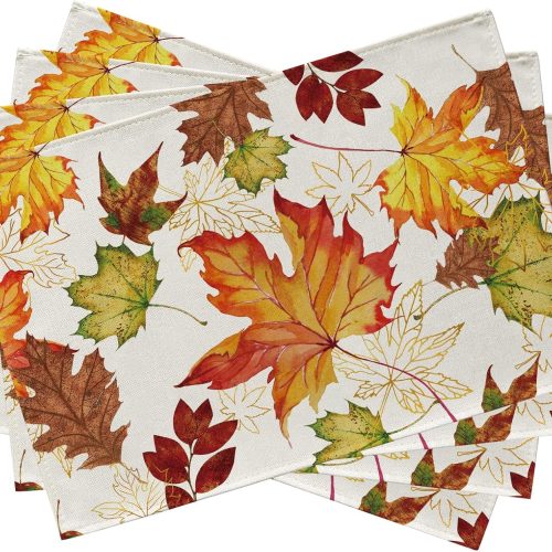 1 Fall Maple Leaf Placemats Set of 4, Autumn Gold Leaves Farmhouse Dining Table Place Mats, Rustic Seasonal Thanksgiving Kitchen Decor Home Decoration 12 x 18 Inch