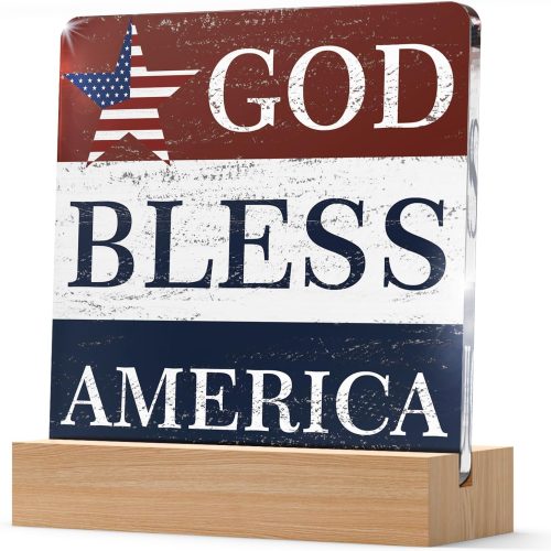 1 Christian 4th of July Patriotic Decorations Gifts for Independence Day Decor, God Bless America Farmhouse Desk Table Decor Acrylic Plaque with Wooden Stand, Memorial Day Red White and Blue Art Decor