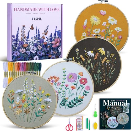 1 ETSPIL Embroidery Kit for Beginners, 2 Hoops, 4K Video, 4 Floral Patterns | Stitch Side by Side. Lines Fade as You Stitch. All Tools Included. Easy to Start, Weekend Family Craft