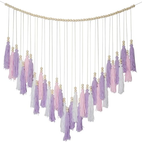 1 Pink & Purple Macrame Hanging Boho Wall décor, Purple Wall Decor for Bedroom Living Room Girls Room Nursery Large Tassel Hanging with Wood Beads 41" W x 32" H