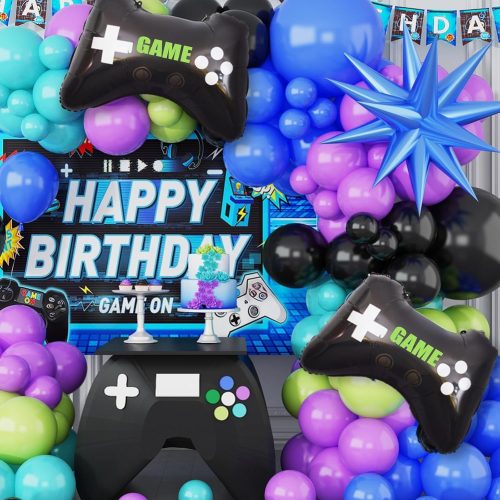 1 120PCS Video Game Balloon Arch Kit, Blue Purple Green Black Party Balloons with 2Pcs Game Handle Foil Balloons 4D blue star for Video Game Theme Birthday Party Boys Night Decor