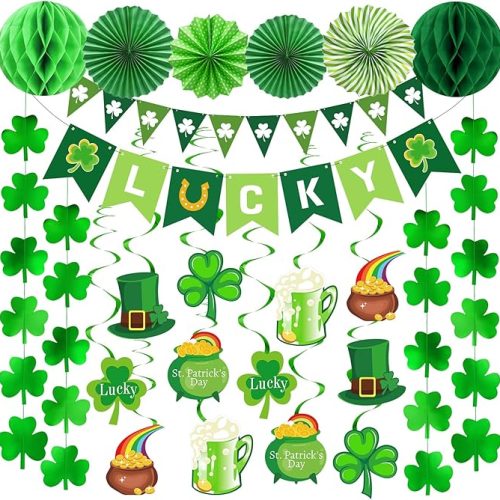 1 Ouddy Life St Patricks Day Decorations, 36Pcs St. Patrick's Day Shamrock Lucky Banner Clover Garlands, Hanging Swirls, Honeycomb Tissue Paper Fans Balls for Home Saint Patrick Party Favor Supplies
