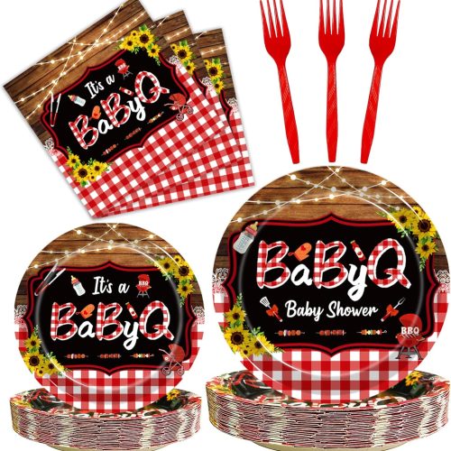 1 Kepeel 96 Pcs BBQ Baby Shower Decorations, It’s A BabyQ Party Plates and Napkins Supplies Set Sunflower Rustic Wood Barbecue Baby Shower Gender Reveal Picnic Party Disposable Tableware Kit, Serves 24