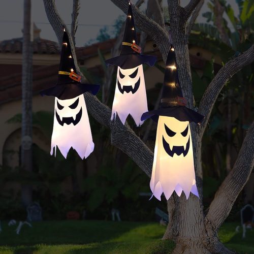 1 32 inches Giant Halloween Decorations Large Outdoor Decor Hanging Lighted Glowing Ghost Witch Hat Indoor Outside Ornaments Clearance Party Lights String for Yard Tree Garden(3Pcs)