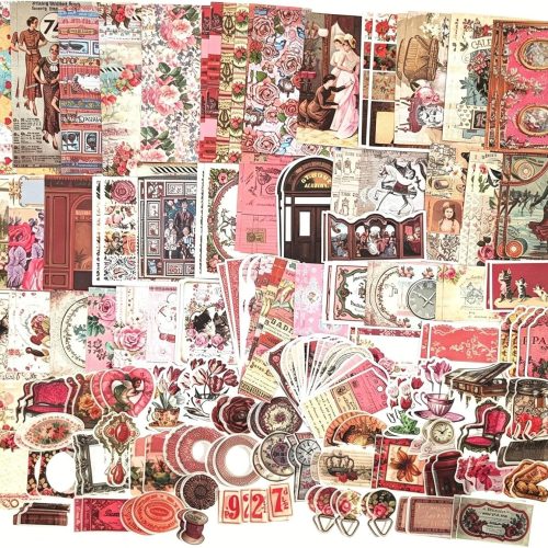 1 200PCS Vintage Scrapbooking Supplies Pack, Aesthetic Scrapbook Sticker Paper Art Journaling Kit for Junk Journals,Planner,Cottagecore Decor Gifts (Pink Retro Collection)