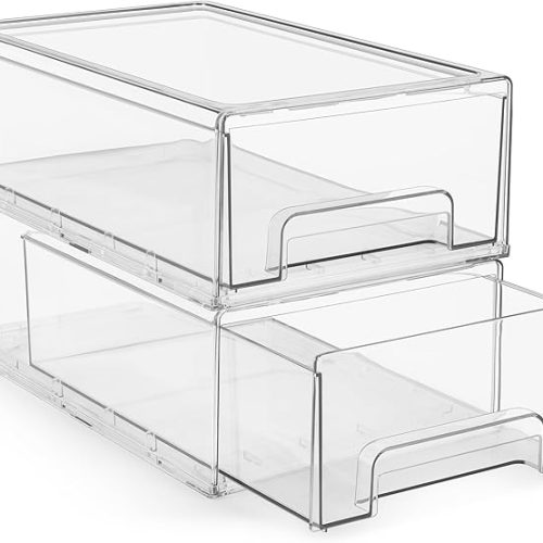 Medium Clear Stackable Storage Drawers – 2-Pack Plastic Organizer Bins with Handles – Stackable Pull-Out Storage Drawers for Closet, Pantry, Office, Bathroom, Craft, and Toy Organization