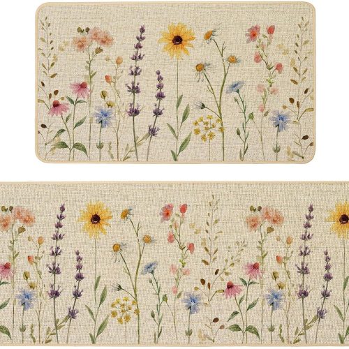 Summer Floral Kitchen Mats Set of 2, Vintage Sunflower Daisy Kitchen Rugs Low-Profile Non-Slip Absorbent Floor Mat 17x29 and 17x47 Inch Home Farmhouse Seasonal Decor
