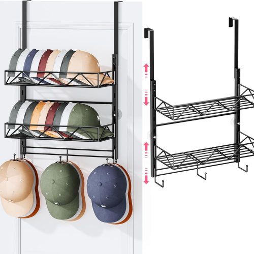 Over Door Hat Organizer - 3 Tier Wall Mounted Hat Rack with 2 Adjustable Metal Basket and 3 Hooks, Hanging Baseball Cap Organizer Storage Holds up to 29 Caps for Door, Bedroom, Closet