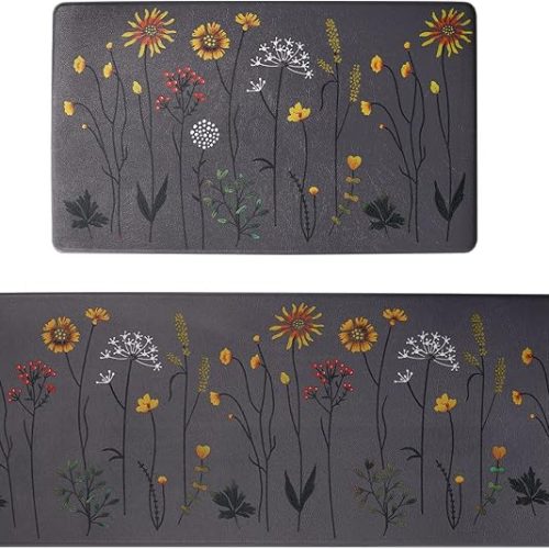 Kitchen Rugs and Mats Set of 2, Colorful Flowers Kitchen Mats for Floor, Non Slip Cushioned Anti-Fatigue Floor Mats for Kitchen Sink Office, 17"x47"+17"x29"