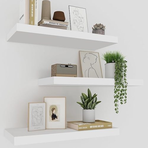 1 White Floating Shelves - Set of 3, 16" Wall Mounted Shelves for Home Decor, Living Room, Bedroom, Bathroom, Kitchen