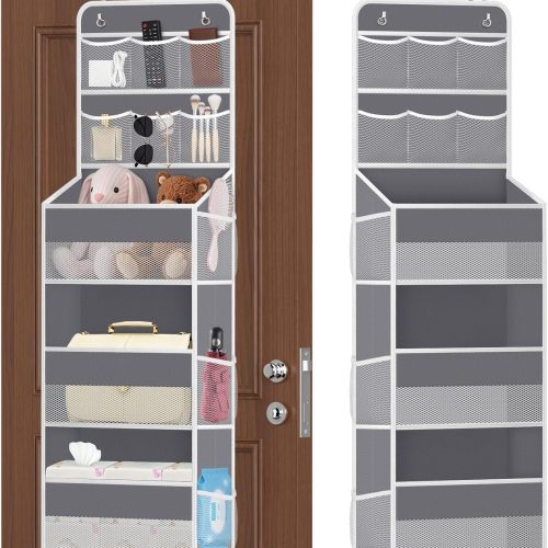 5-Tier Over the Door Organizer with Mesh Pockets, Baby Nursery Storage for Closet, Bathroom and Bedroom, Adjustable Hanging Closet Organizer for Cosmetics, Books and Essentials (Dark Grey)