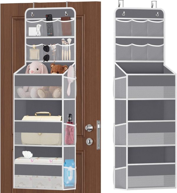 1 5-Tier Over the Door Organizer with Mesh Pockets, Baby Nursery Storage for Closet, Bathroom and Bedroom, Adjustable Hanging Closet Organizer for Cosmetics, Books and Essentials (Dark Grey)