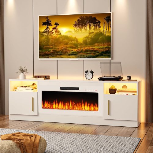 1 Fireplace TV Stand Entertainment Center with 36" Fireplace, 70" Wooden TV Stand for TVs Up to 80", Media TV Console with High Gloss Storage Cabinet and 16 Colors LED Lights (White and White)
