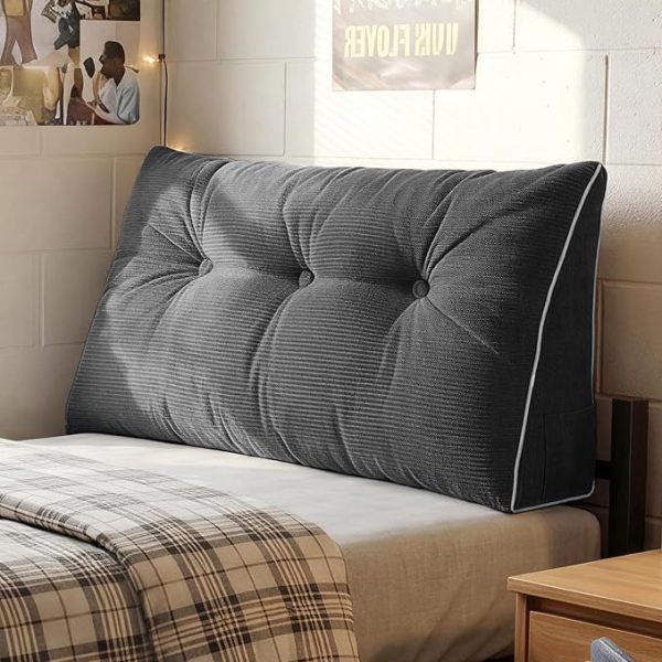 Headboard Pillow Twin/Twin XL, Wedge Pillow Headboard for Dorm, Triangular Daybed Backrest Cushion for Sitting or Reading in Bed, with Removable Washable Cover, Dark Grey