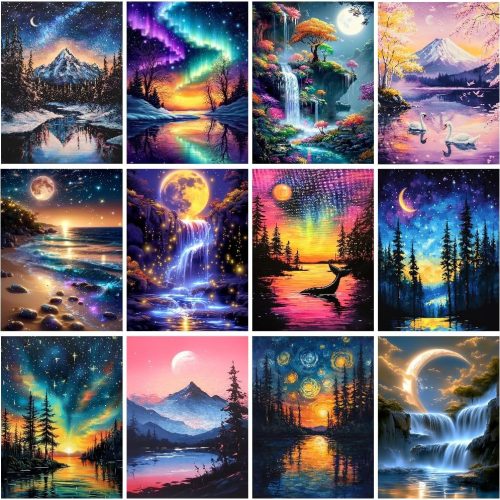 1 CreateJoy 12 Pack Moonlight Diamond Painting Kits for Adults, 5D Moon Diamond Art Kits for Beginners, DIY Full Drill Paint with Diamond, Home Wall Decor 12 x 16 Inch