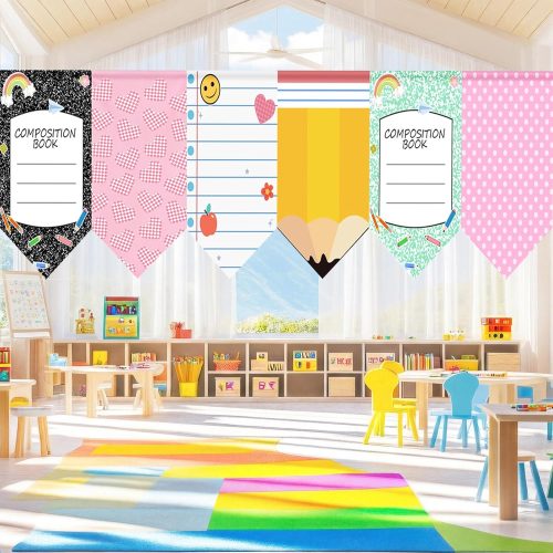 1 HunnmingRe 6 Pcs Classroom Curtains Back to School Decoration Composition Book Notebook Pencil Curtains 24" x 36" First Day of School Party Decor Colorful for Daycare Bedroom Playroom Room Window