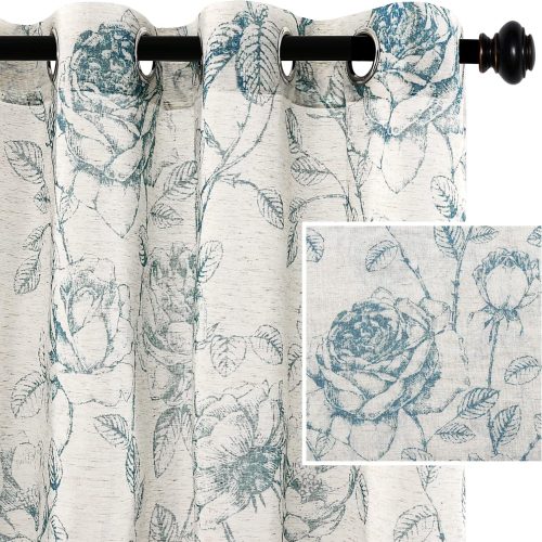 1 Boho Floral Linen Curtains, Semi Sheer Light Filtering Curtains, Drapes 84 Inch Length 2 Panels Set, Grommet Farmhouse Vintage Curtain, Print Pattern Treatments for Bedroom, Stone Blue