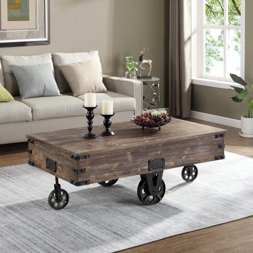1 Brown Factory Cart Coffee Table, Vintage Center Table with Wheels for Living Room, Rectangular, Wood, Farmhouse, 47.25 Inches, Rustic Espresso/Antique Black