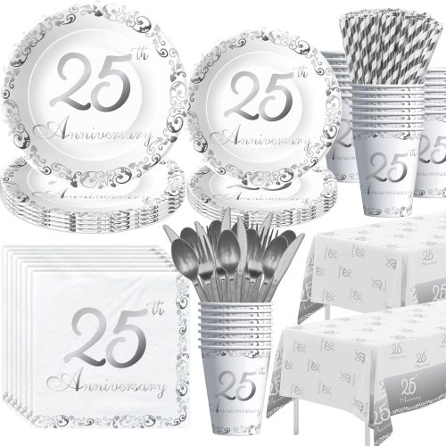 1 APOWBLS 25th Anniversary Decorations Tableware - Silver 25th Wedding Anniversary Party Supplies, Paper Plate, Cup, Napkin, Tablecloth, Cutlery, Straw, Serves 24
