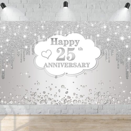 25th Wedding Anniversary Banner Decorations, Silver 25 th Wedding Anniversary Decorations Decor Poster Photography for Backdrop, Silver Happy 25 Anniversary Party Supplies, 72.8x43.3 inches