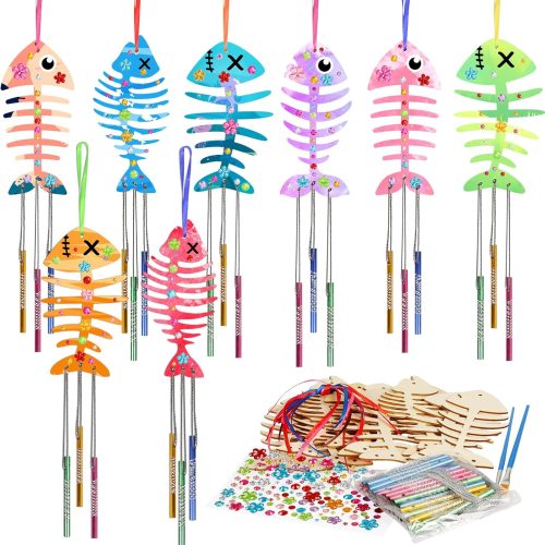 1 Fennoral 12 Pack Wind Chime Kit Spring Craft for Kids Wooden Arts and Crafts for Girls Boys Make Your Own Fish Craft Ornaments DIY Coloring for Summer Classroom Art Activities Birthday Party Gifts