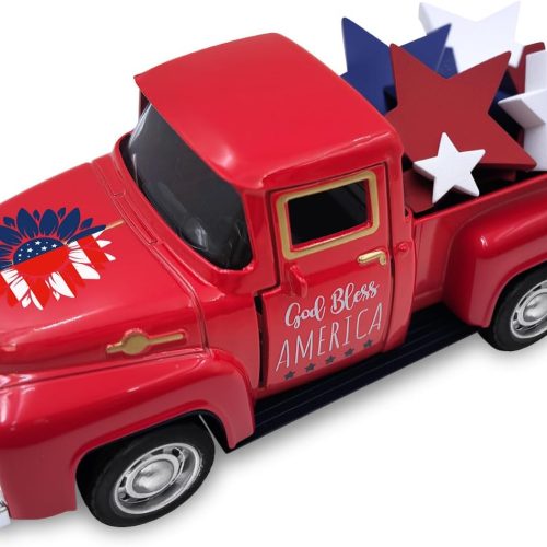 1 4th of July Decorations Farmhouse Metal Truck with Wooden Stars Patriotic Table Centerpiece 250th Anniversary Independence Day Tabletop Decor Memorial Day Red White and Blue Tiered Tray Decor for Home