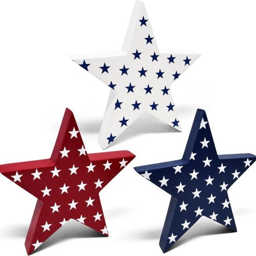 1 Gift Boutique 3 Patriotic Stars Wooden Table Decorations Centerpiece Block Red White & Blue Star 4th of July Tiered Tray Tabletop Sign Independence Day Party Decor