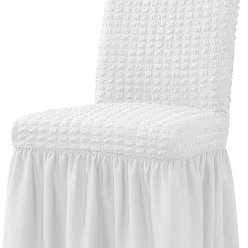 Dining Room Chair Slipcovers 1-Piece Stretch White Dining Chair Covers Dorm Chair Cover Non Slip Washable Furniture Protector with Skirt Country Style for Hotel Ceremony Party (White)