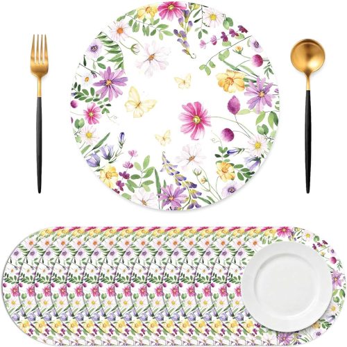 1 JarThenaAMCS 50 Sheets Wildflower Butterfly Floral Round Paper Placemat Watercolor Flower Decorative Paper Table Mat for Spring Wedding Bridal Shower Party Dinner Table Setting, 13 Inch