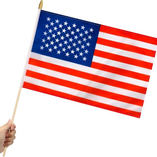1 12 Pack US American Stick Flags Small 12x18 Inch USA Hand Held Flags with 24 Inch Wooden Pole for Yard,July 4th,Veteran Party,Memorial Day, Independence Day Decoration