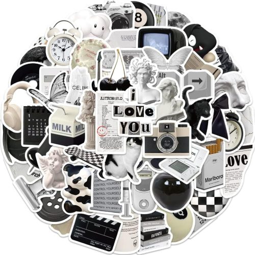 1 Vintage Black and White Aesthetic Stickers for Scrapbook, 61Pcs Retro Vinyl Waterproof Stickers for Water Bottles Laptop Journal Phone, Party Decals for Girls Women Adults (Black)