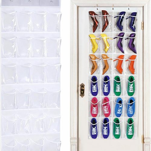 24-Pocket Over-The-Door Shoe Organiser, Folding Hanging Organiser with Hooks, Heavy-Duty Hanging Mesh Holder for Bedroom, Bathroom, Wardrobe