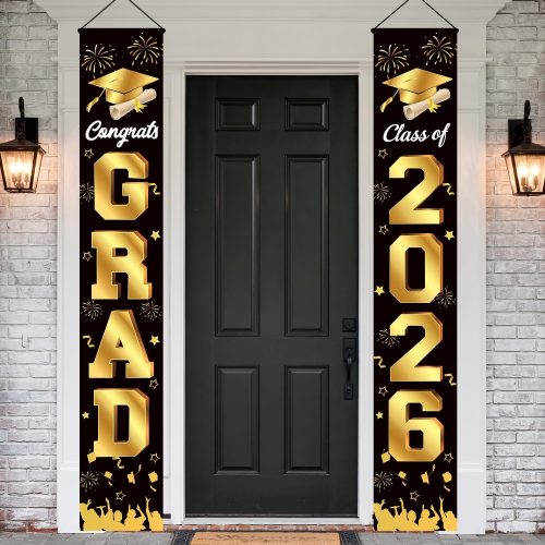 1 Graduation Decorations 2026 Porch Banner, Congrats Grad Class of 2026 Banner Black and Gold, 2026 Graduation Decorations for Door and Porch Class of 2026 Party Supplies