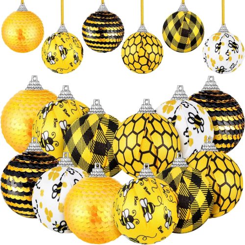 1 12 Pcs Summer Bee Ornaments 2.36 Inch Honeycomb Ball Hanging Ornaments Yellow Black Stripes Bee Ball Hanging with Sequin for Summer Holiday Party Favors