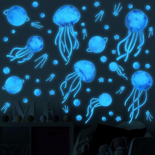 1 4 Sheets Starry Sky Jellyfish Wall Sticker Glow in The Dark Wall Stickers Planet Blue Luminous Wall Decals DIY Peel Stick Art Decor for Walls Ceiling Kids Bedroom Living Room Nursery Girls and Boys (Blue)