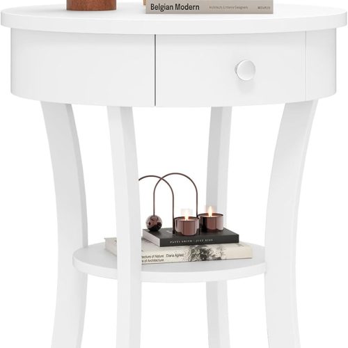Round End Table with Drawer, 2-Tier Sofa Side Table with Solid Wood Legs, Open Storage Shelf, Vintage Accent Table, Display Table, Compact Nightstand for Living Room, White