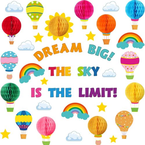 1 Funrous 82 Pcs Colorful 3D Hot Air Balloon Honeycomb Bulletin Board Set Hot Air Balloon Cloud Rainbow Sun Cutouts Honeycomb Bulletin Board for Preschool Kindergarten Back to School Classroom Supplies