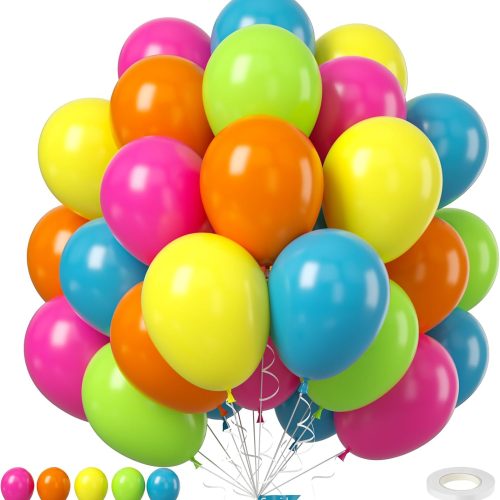 1 Rainbow Balloons, 50Pcs 12 Inches Yellow Orange Hot Pink Lime Green Neon Balloons Multicolor for Kids Colorful Rainbow Birthday Tropical Pool Party Supplies Baby Shower Backdrop Decorations