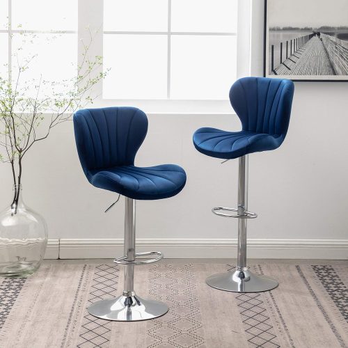 Velvet Adjustable Swivel Barstools in Blue, Set of 2